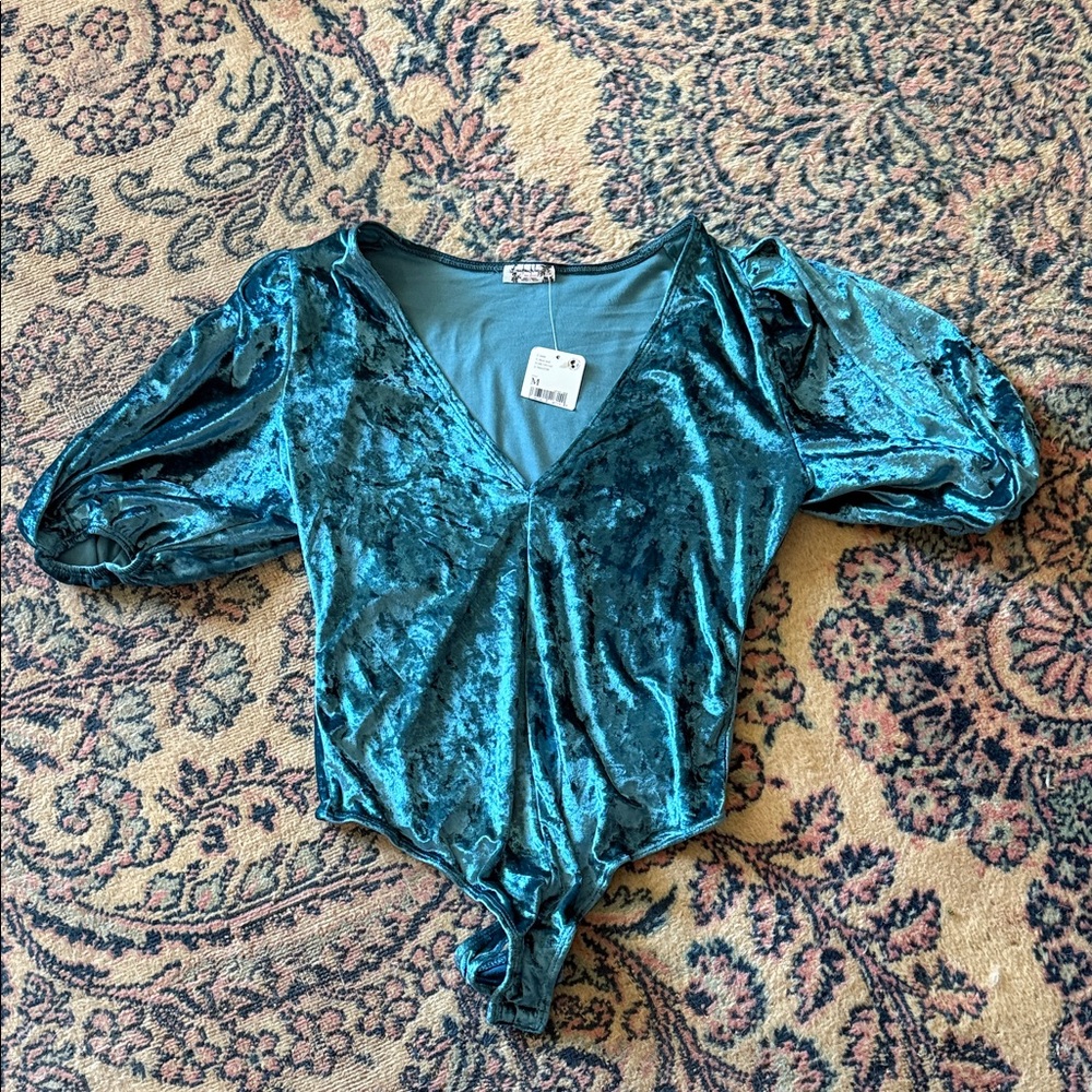 Free People Deep Teal V-Neck Bodysuit with Puff Sleeves